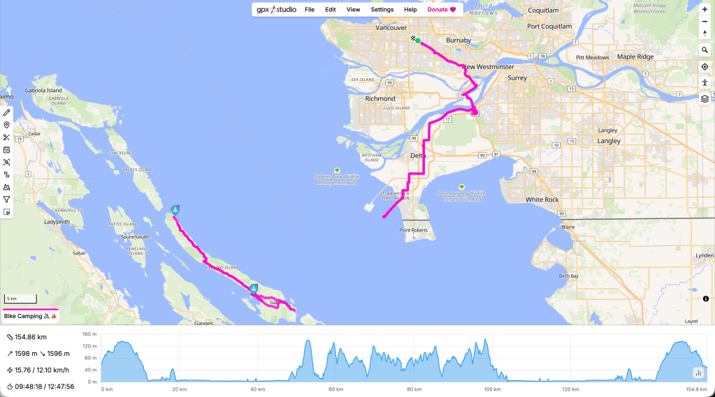 Map of bike camping route from Vancouver to Galiano Island with campsites at Montague Harbour and Dionisio Point Provincial Park.